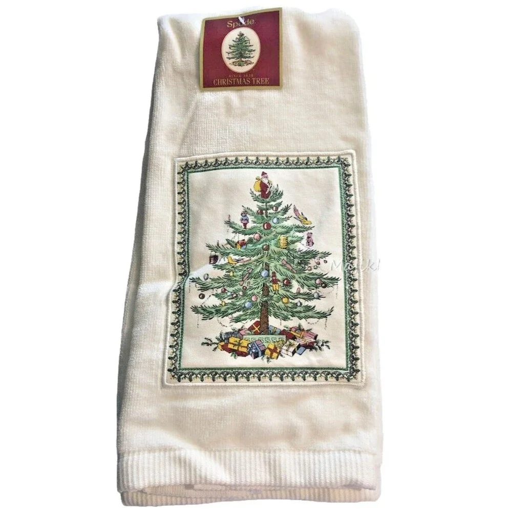 Christmas Tree Spode Dish Towel 100% Cotton White Appliqued 27x19 Holiday Winter